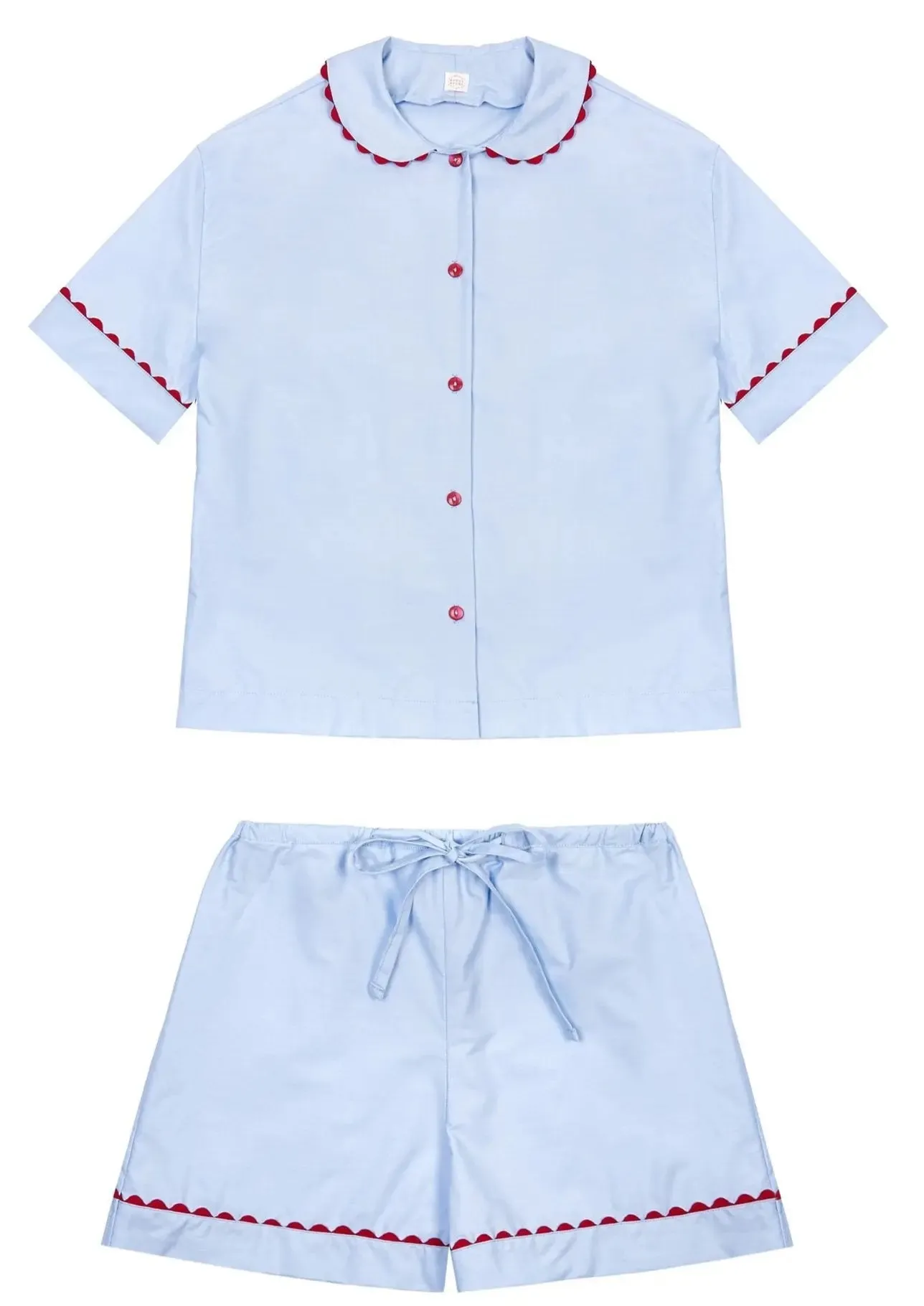 100% Cotton Poplin Blue Pyjamas With Red Ric Rac Trim