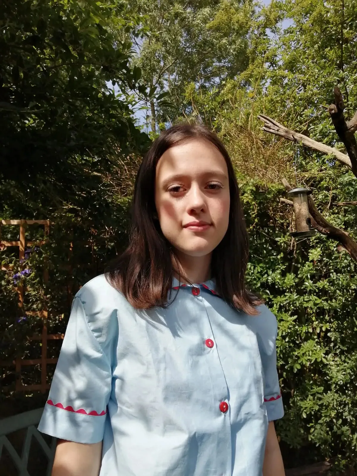 100% Cotton Poplin Blue Pyjamas With Red Ric Rac Trim