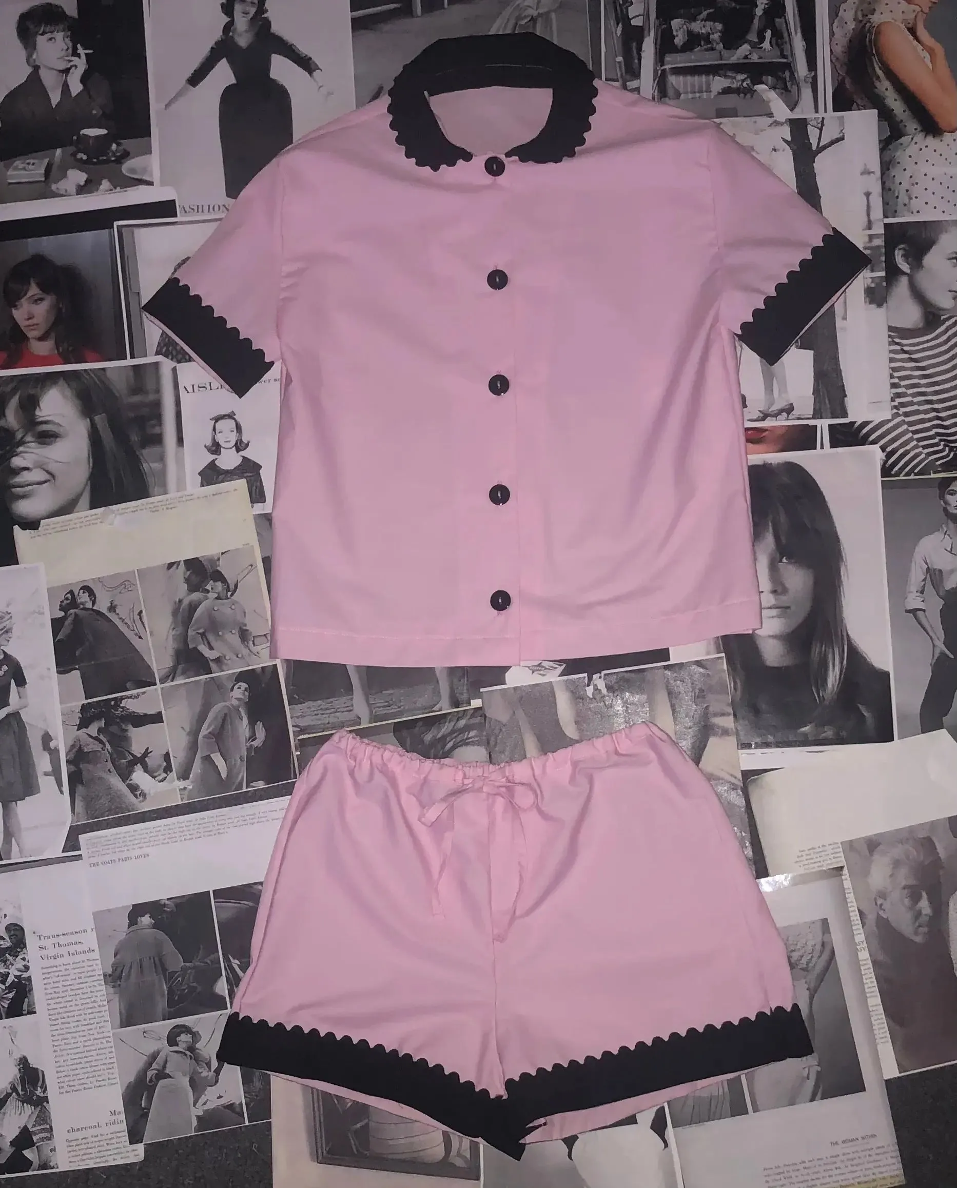 100% Cotton Poplin Pyjamas in Pink With Black Contrasting Collar and Cuffs With Ric Rac Trim
