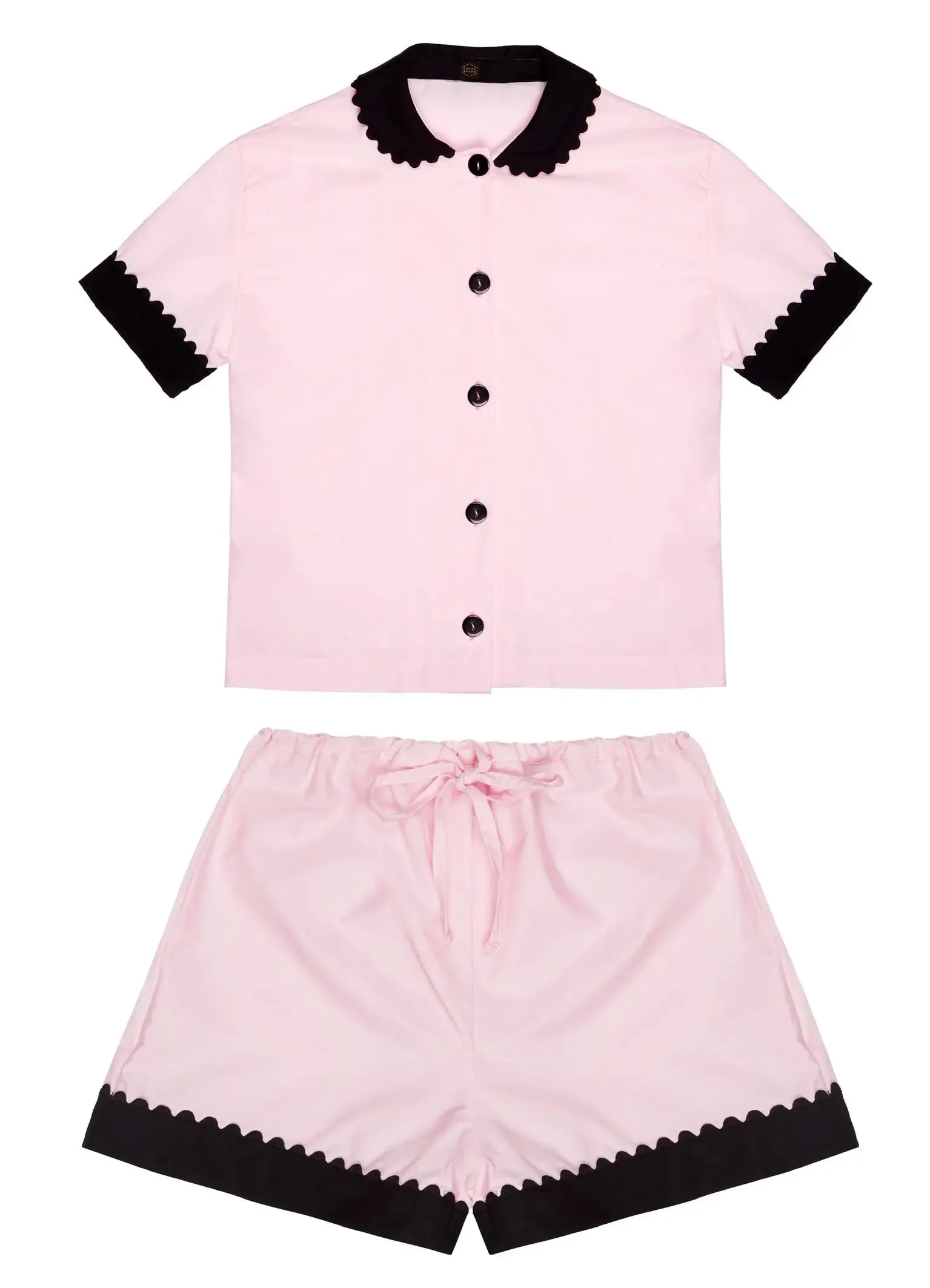 100% Cotton Poplin Pyjamas in Pink With Black Contrasting Collar and Cuffs With Ric Rac Trim