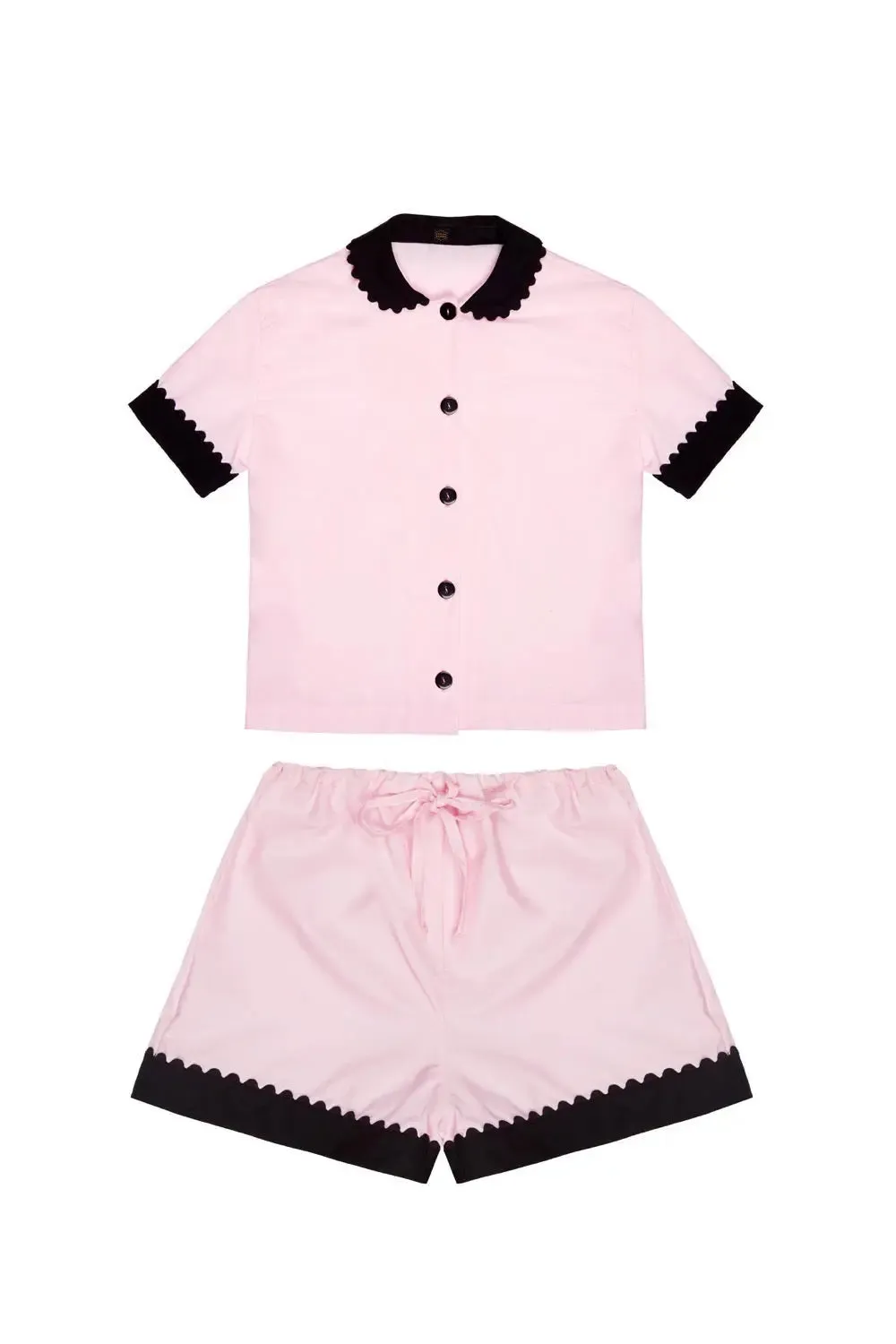 100% Cotton Poplin Pyjamas in Pink With Black Contrasting Collar and Cuffs With Ric Rac Trim