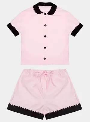 100% Cotton Poplin Pyjamas in Pink With Black Contrasting Collar and Cuffs With Ric Rac Trim