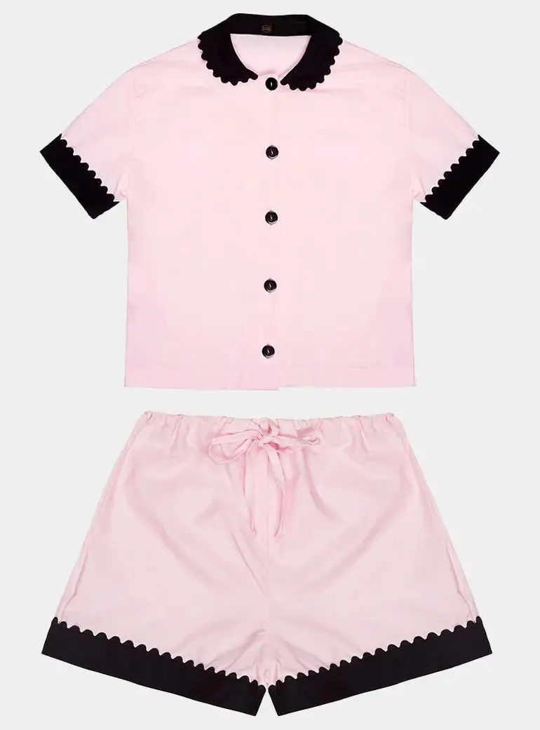 100% Cotton Poplin Pyjamas in Pink With Black Contrasting Collar and Cuffs With Ric Rac Trim
