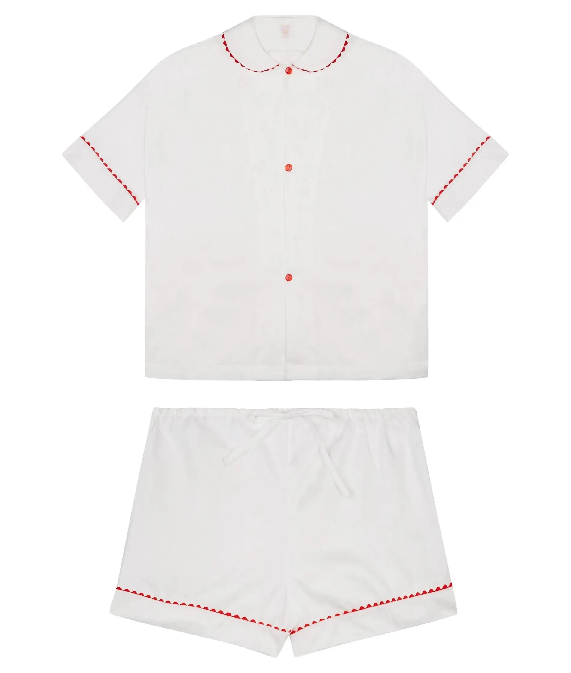100% Cotton Poplin Pyjamas in White With Red Contrasting Ric Rac Trim
