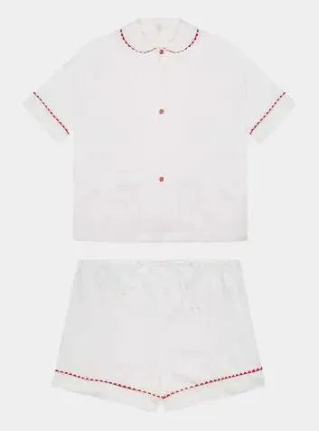 100% Cotton Poplin Pyjamas in White With Red Contrasting Ric Rac Trim