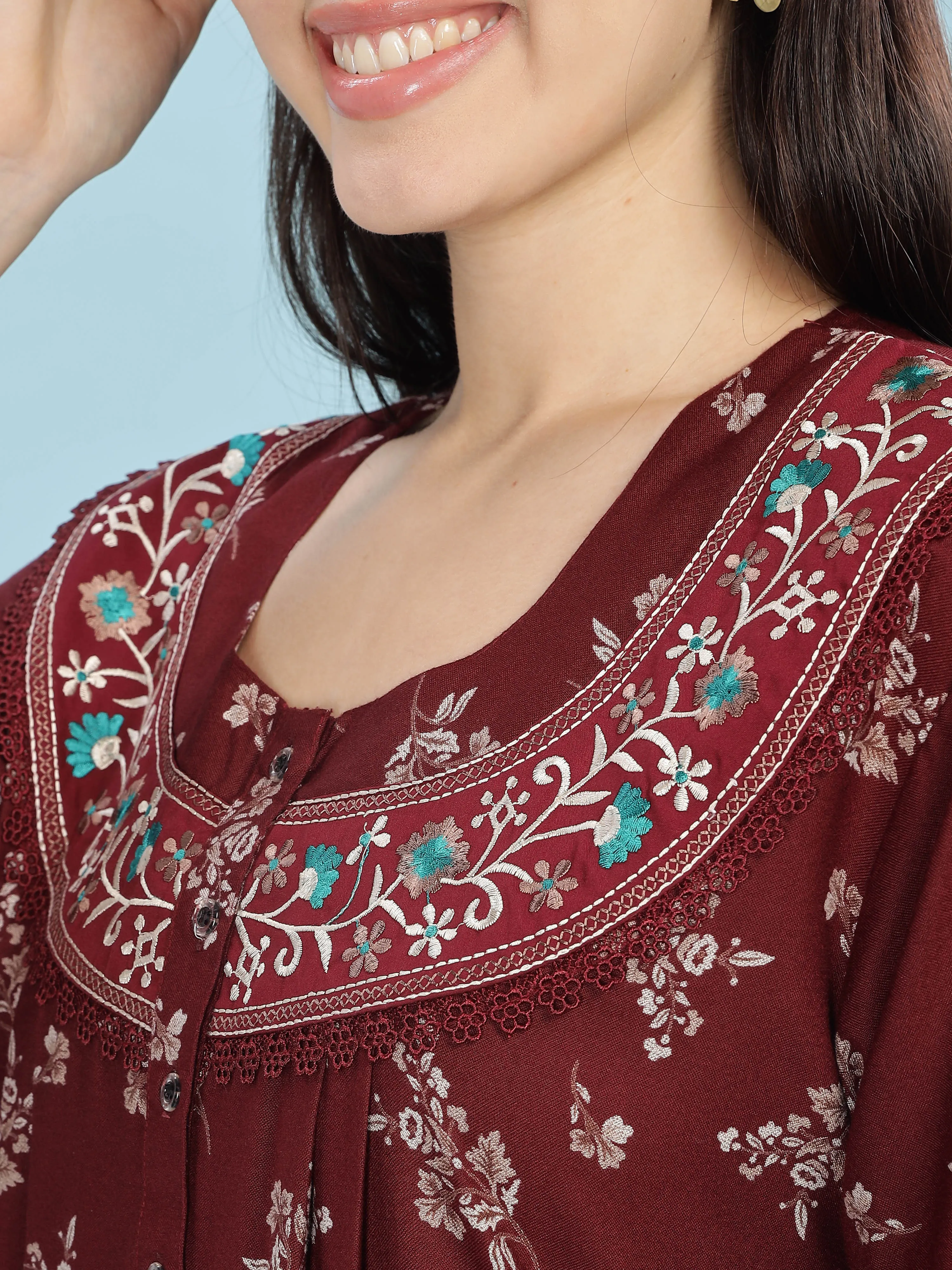 Alpine Maroon Designer Nighty Floral Print & Embroidered Neckline