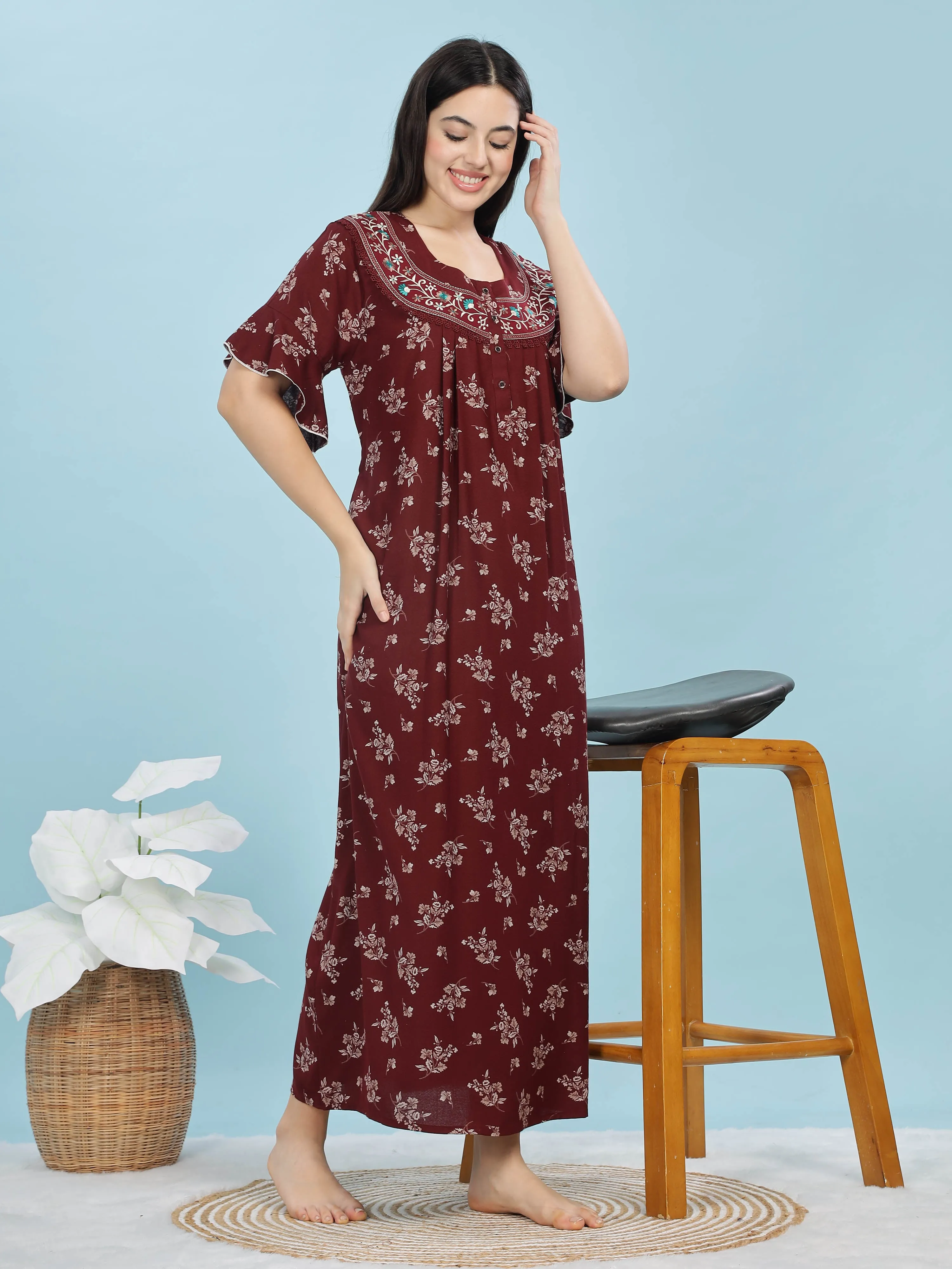 Alpine Maroon Designer Nighty Floral Print & Embroidered Neckline