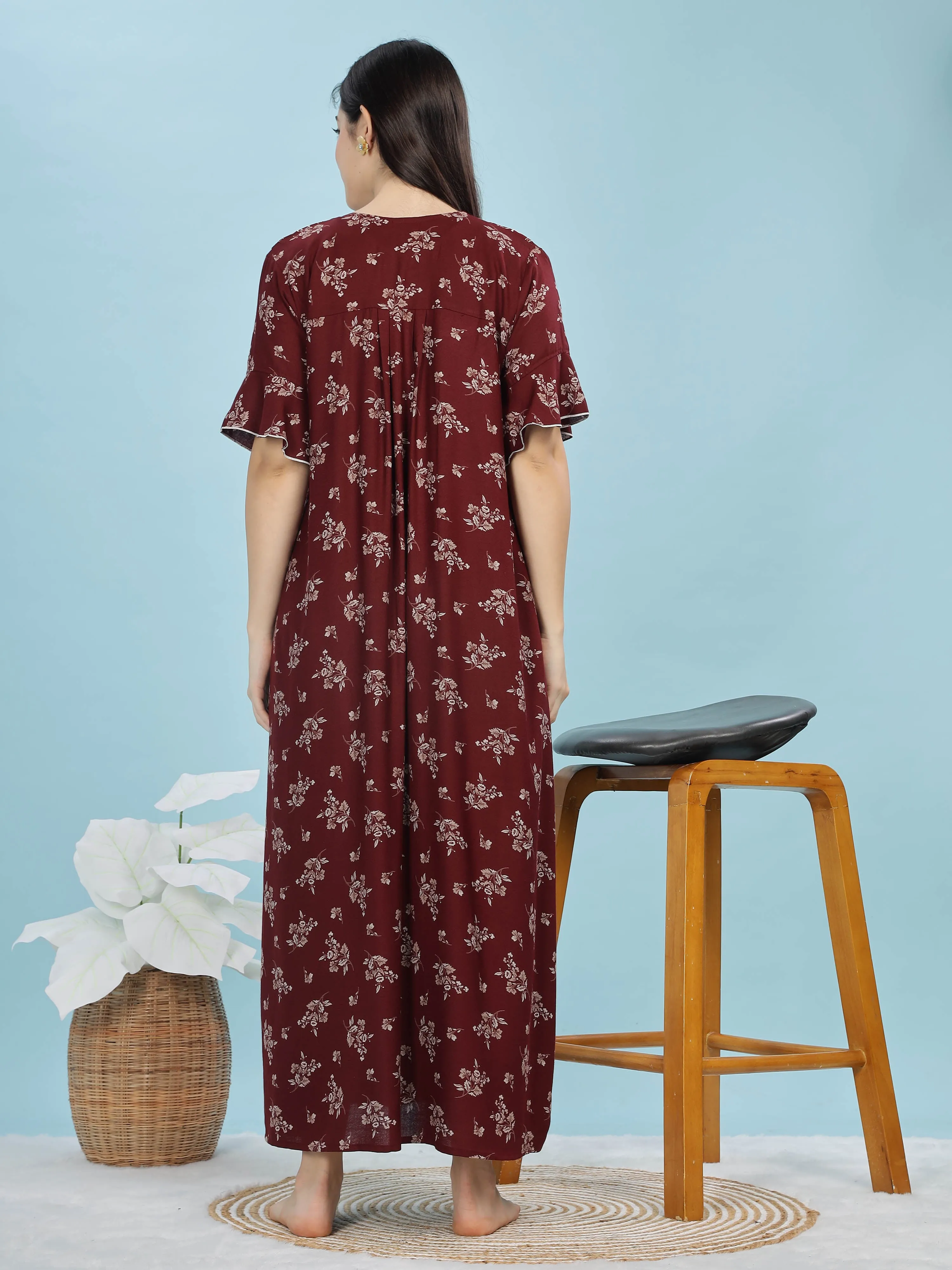 Alpine Maroon Designer Nighty Floral Print & Embroidered Neckline