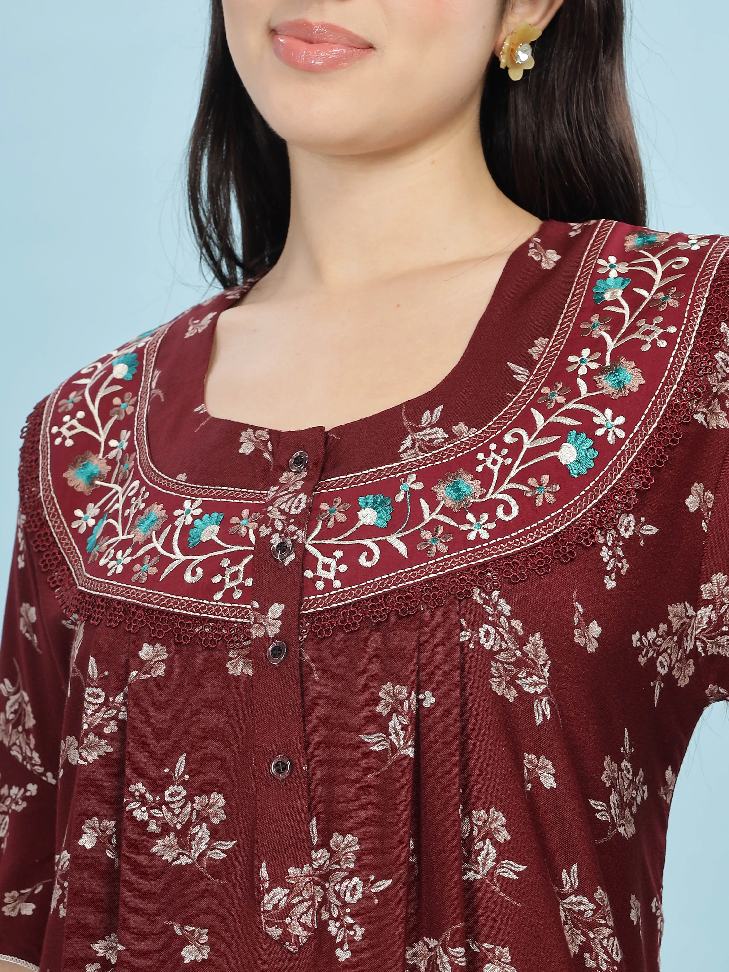 Alpine Maroon Designer Nighty Floral Print & Embroidered Neckline