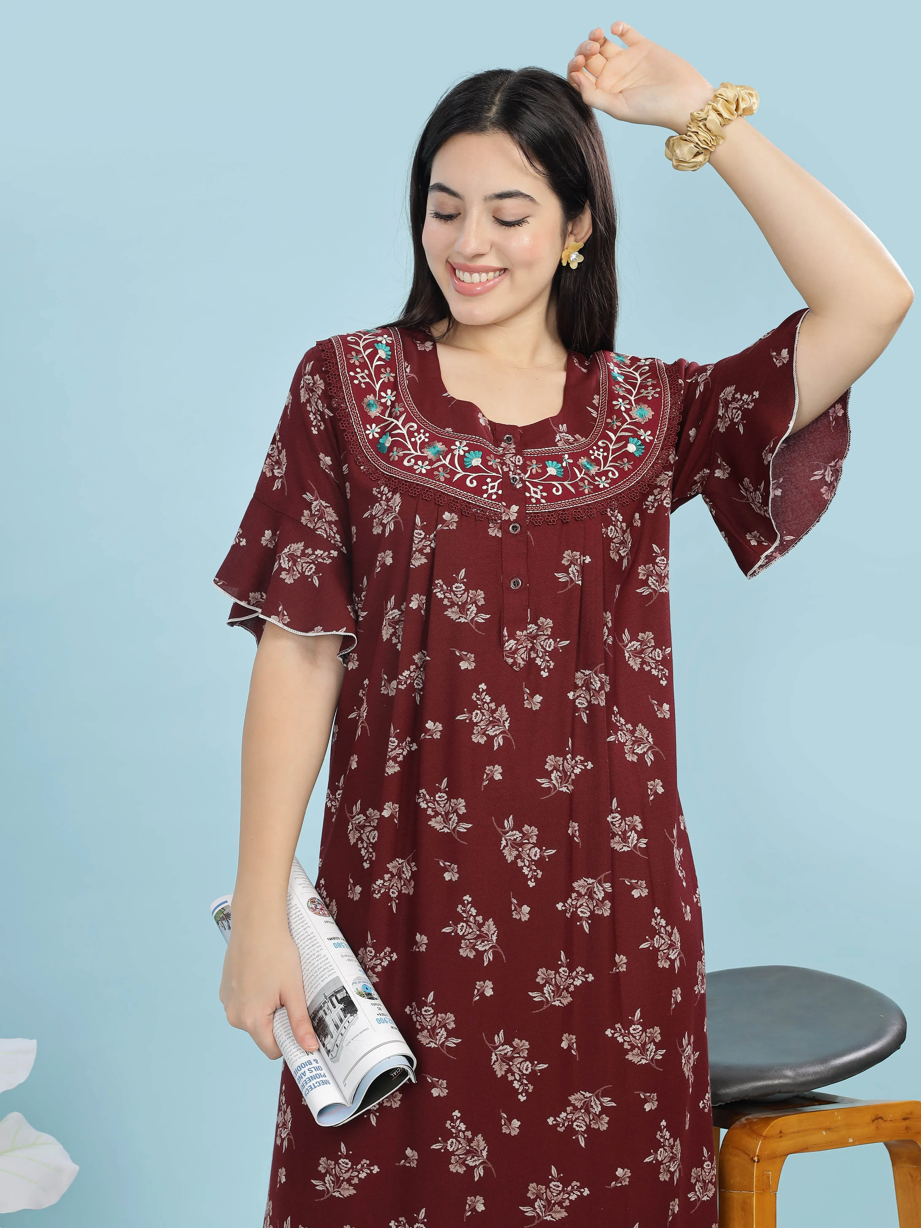 Alpine Maroon Designer Nighty Floral Print & Embroidered Neckline