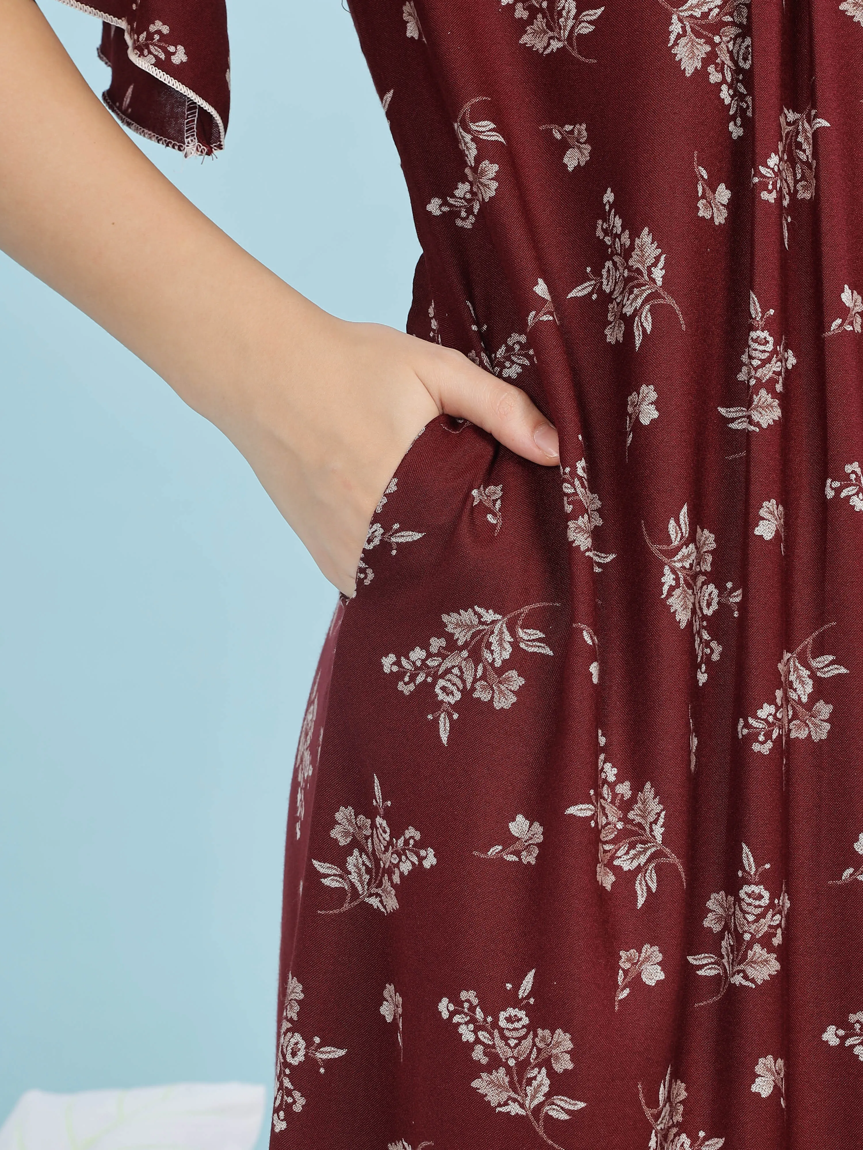 Alpine Maroon Designer Nighty Floral Print & Embroidered Neckline