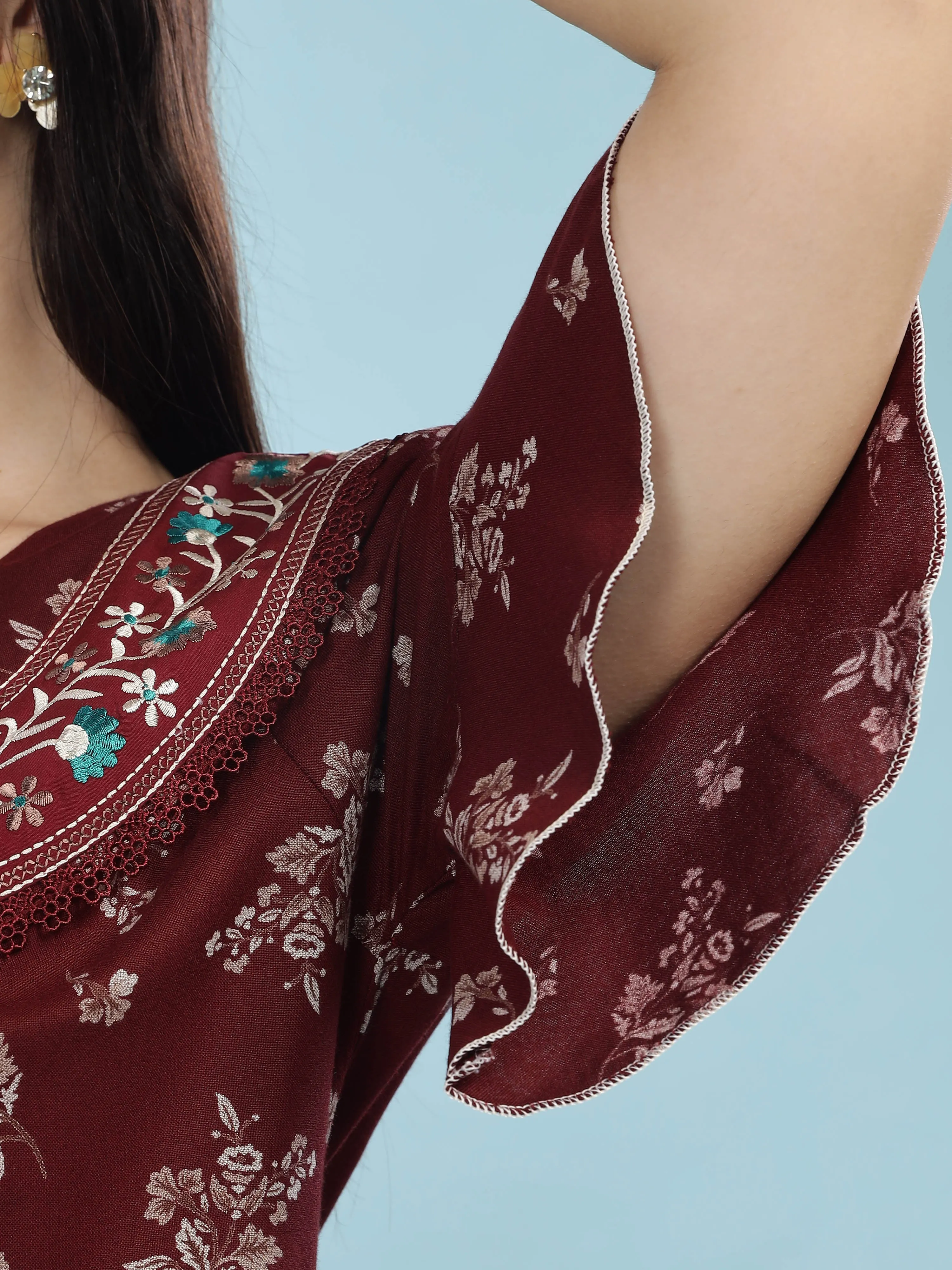 Alpine Maroon Designer Nighty Floral Print & Embroidered Neckline