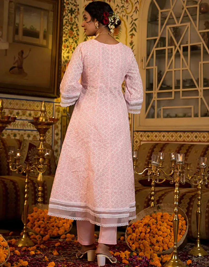 Anarkali Kurta Trouser With Dupatta Set Baby Pink Pure Cotton Pant Anarkali