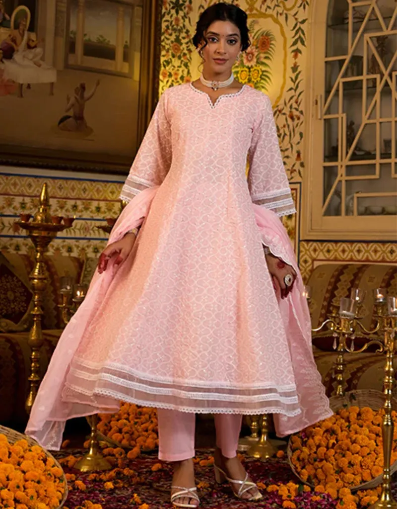 Anarkali Kurta Trouser With Dupatta Set Baby Pink Pure Cotton Pant Anarkali