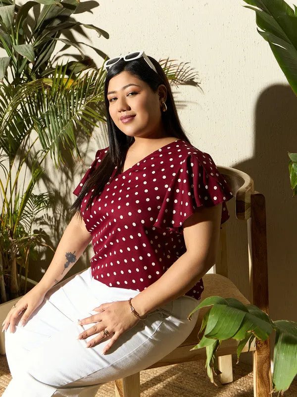 Berrylush Curve Women Red & White Polka Dot Printed V-Neck Flutter Sleeve Crepe Regular Top