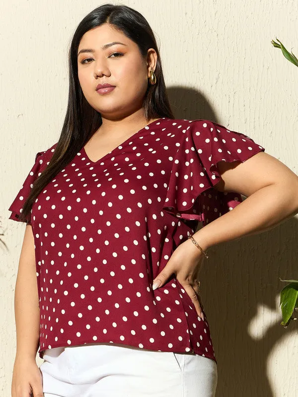 Berrylush Curve Women Red & White Polka Dot Printed V-Neck Flutter Sleeve Crepe Regular Top
