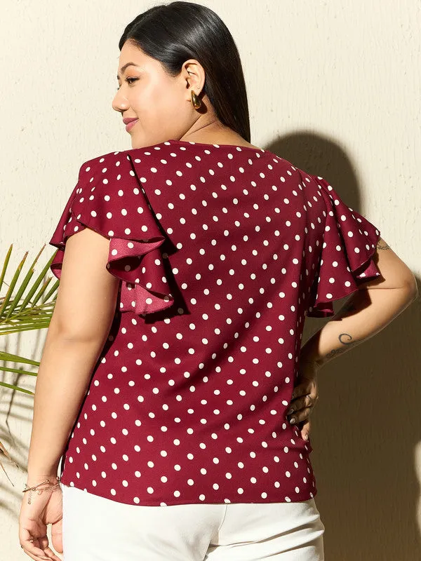 Berrylush Curve Women Red & White Polka Dot Printed V-Neck Flutter Sleeve Crepe Regular Top