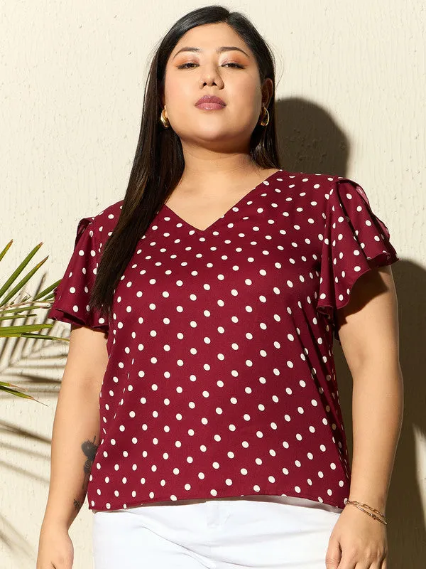 Berrylush Curve Women Red & White Polka Dot Printed V-Neck Flutter Sleeve Crepe Regular Top