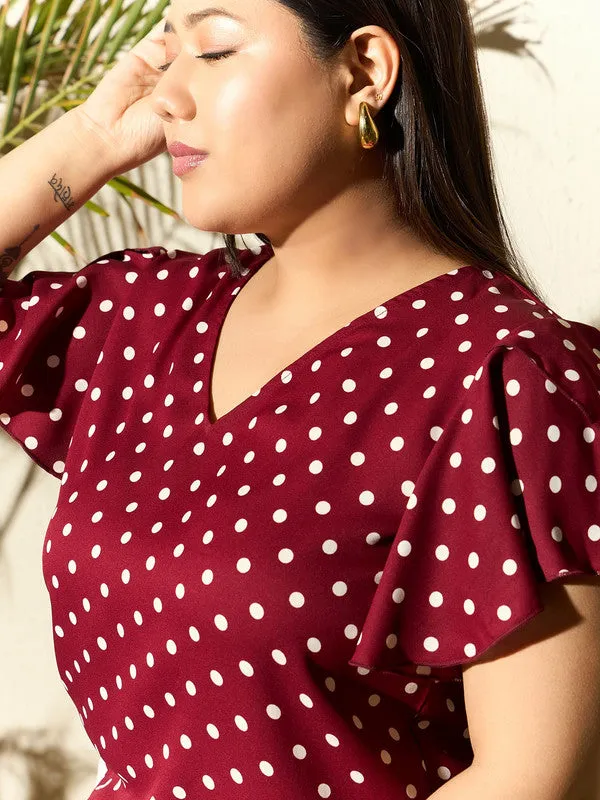 Berrylush Curve Women Red & White Polka Dot Printed V-Neck Flutter Sleeve Crepe Regular Top