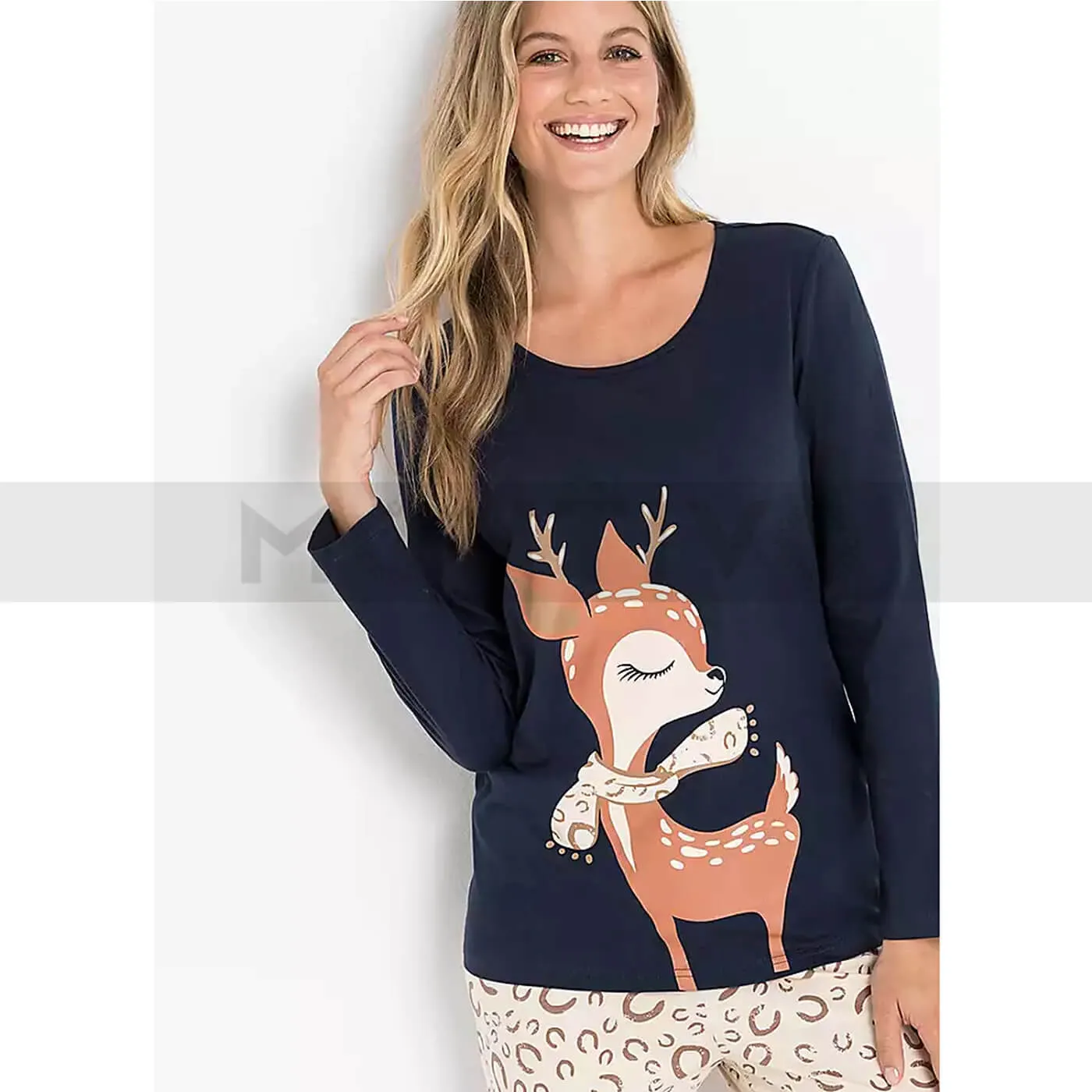 Blue Deer Print Pyjamas Suit