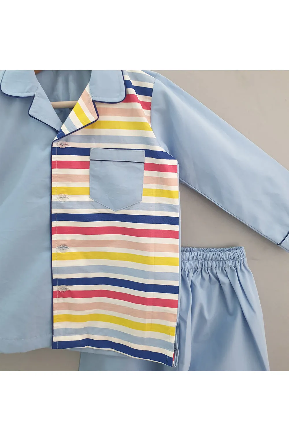 Blue With Multicolor Stripe Printed Nightwear Set