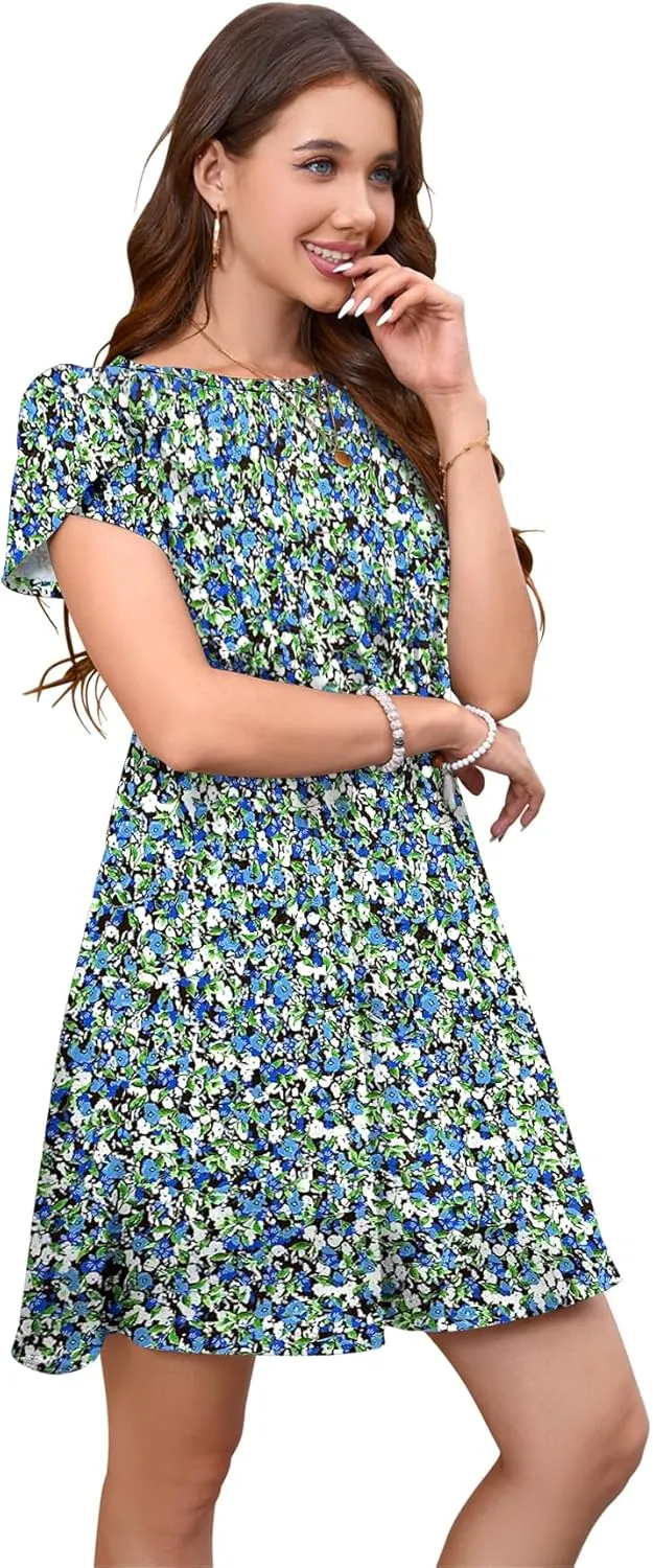 Bluetime Summer Dresses for Women 2025 Beach Boho Sundress Short Sleeve Pockets Loose Casual Tshirt Dress