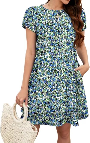 Bluetime Summer Dresses for Women 2025 Beach Boho Sundress Short Sleeve Pockets Loose Casual Tshirt Dress