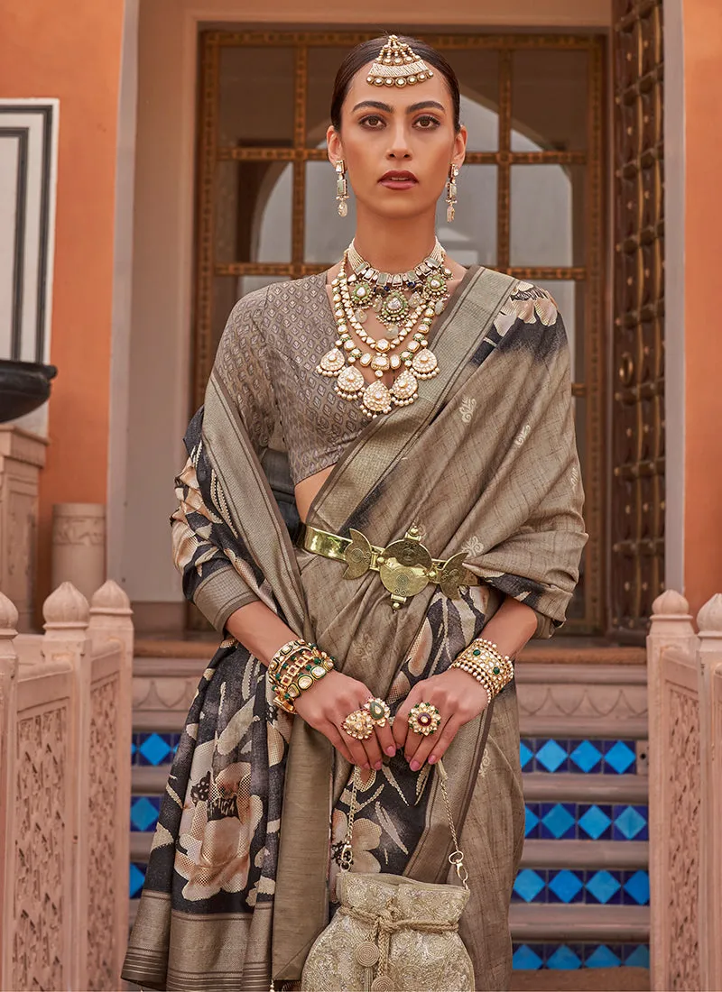 Brown Multi Digital Printed Fancy Floral Silk Saree