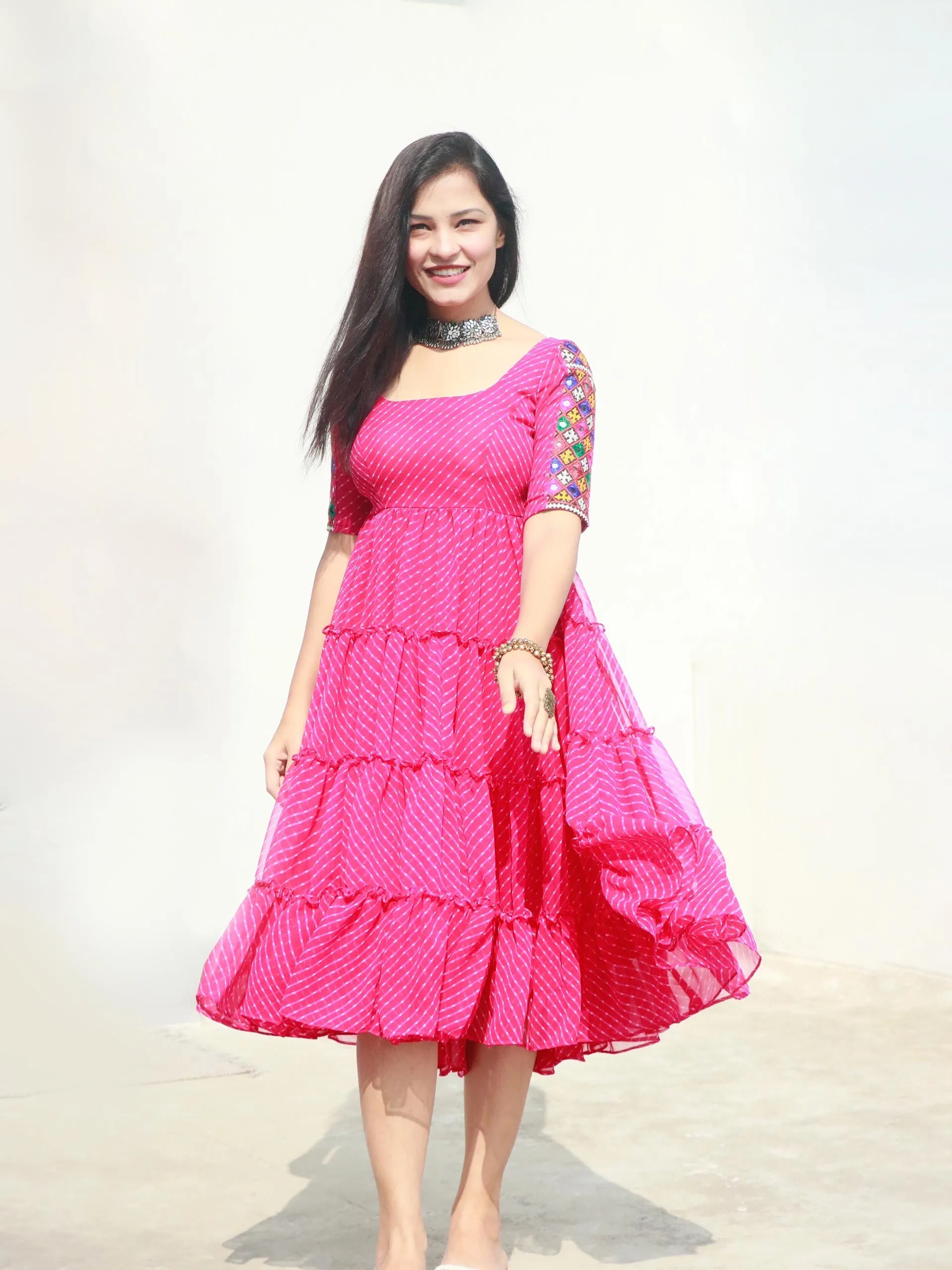 CANDY PINK KUTCHI HANDWORK LAYERED DRESS