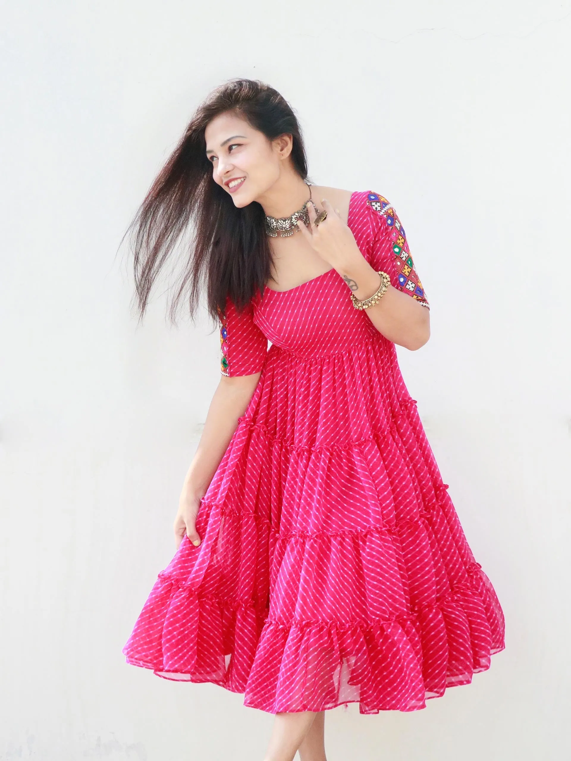 CANDY PINK KUTCHI HANDWORK LAYERED DRESS