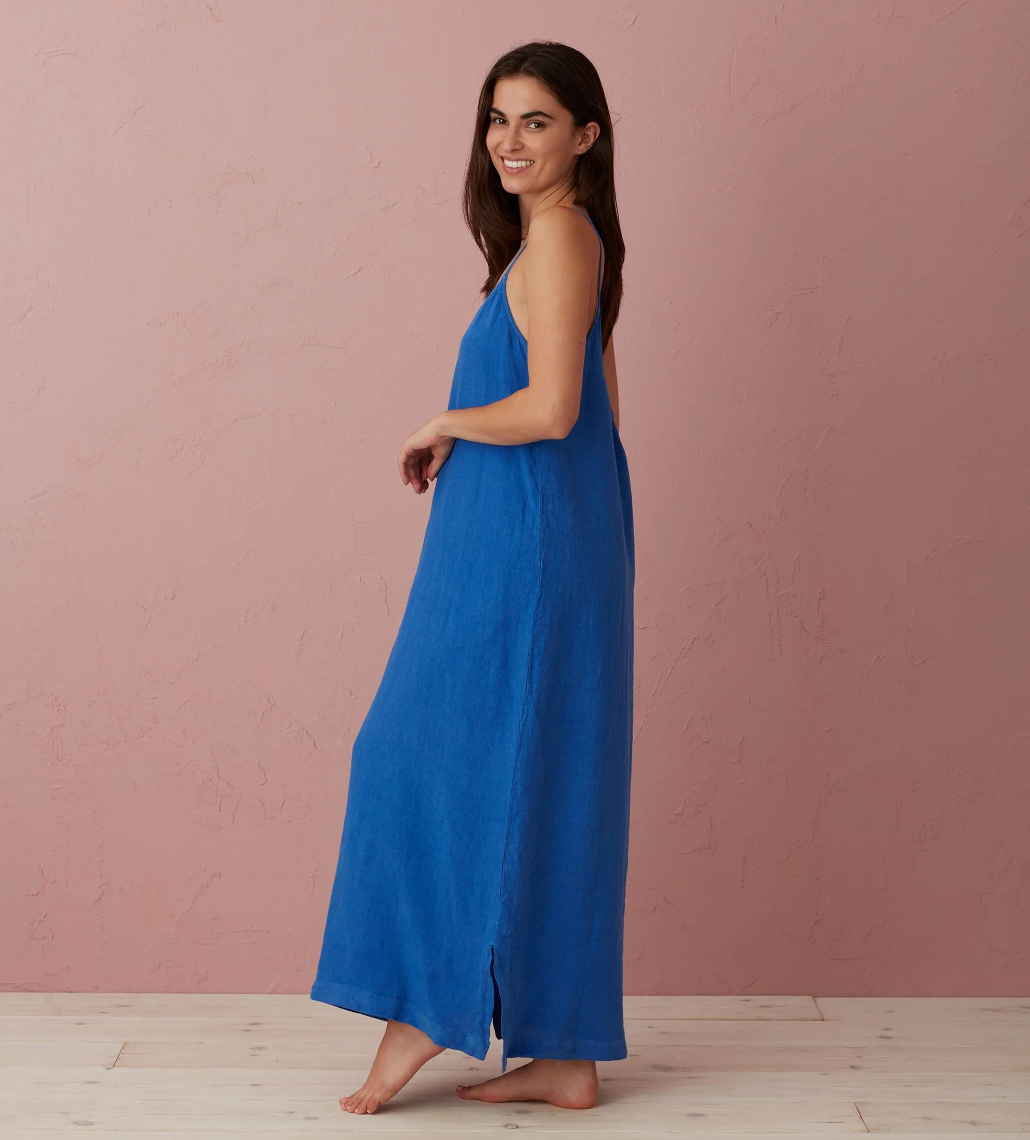 Cobalt Blue Willa 100% Linen Long Cami Nightie