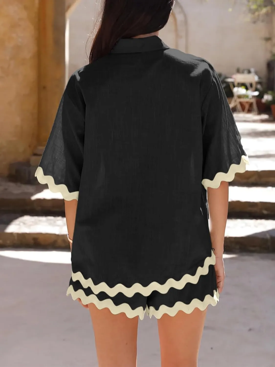 Danedvi Womens 2 Piece Outfits Beach Vacation Summer Short Sleeve Button Down Shirts and Shorts Lounge Sets