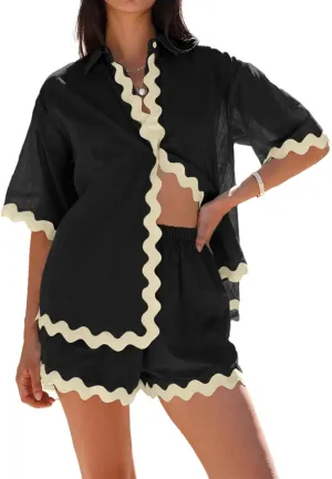 Danedvi Womens 2 Piece Outfits Beach Vacation Summer Short Sleeve Button Down Shirts and Shorts Lounge Sets