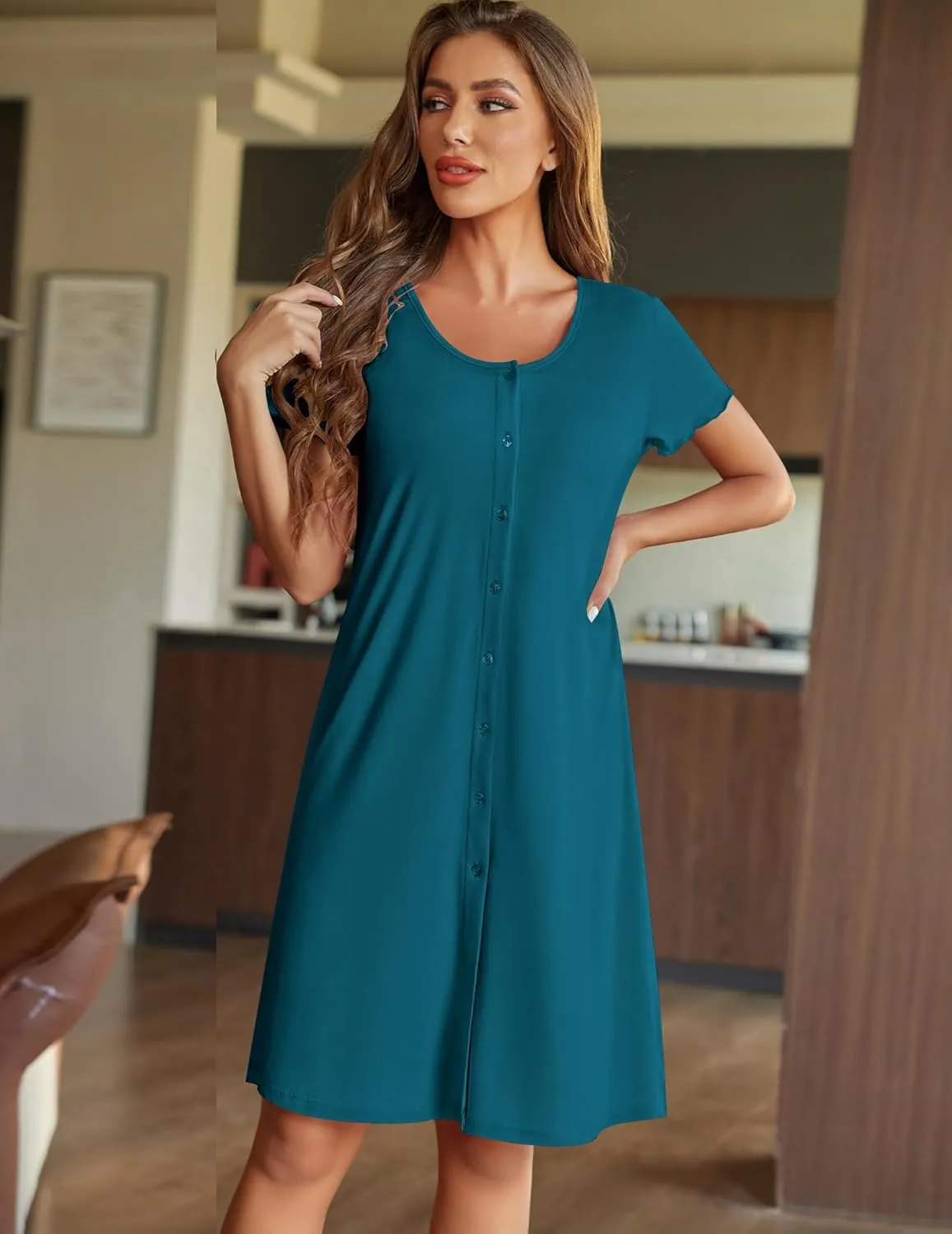 Ekouaer Womens Nightshirt Button Down Sleep Shirts Short Sleeve Nightgown V-Neck Sleepdress Soft Sleepwear