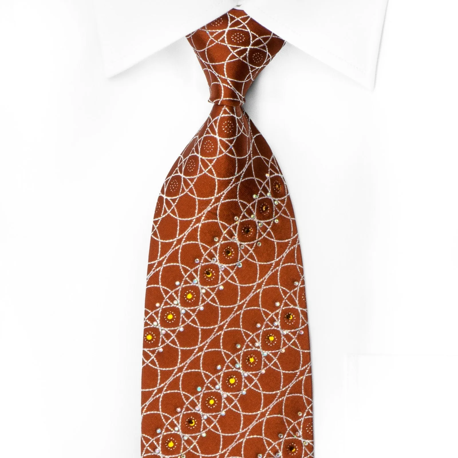 Elegance Rhinestone Necktie Silver Interlocking Circles On Brown With Silver Sparkles