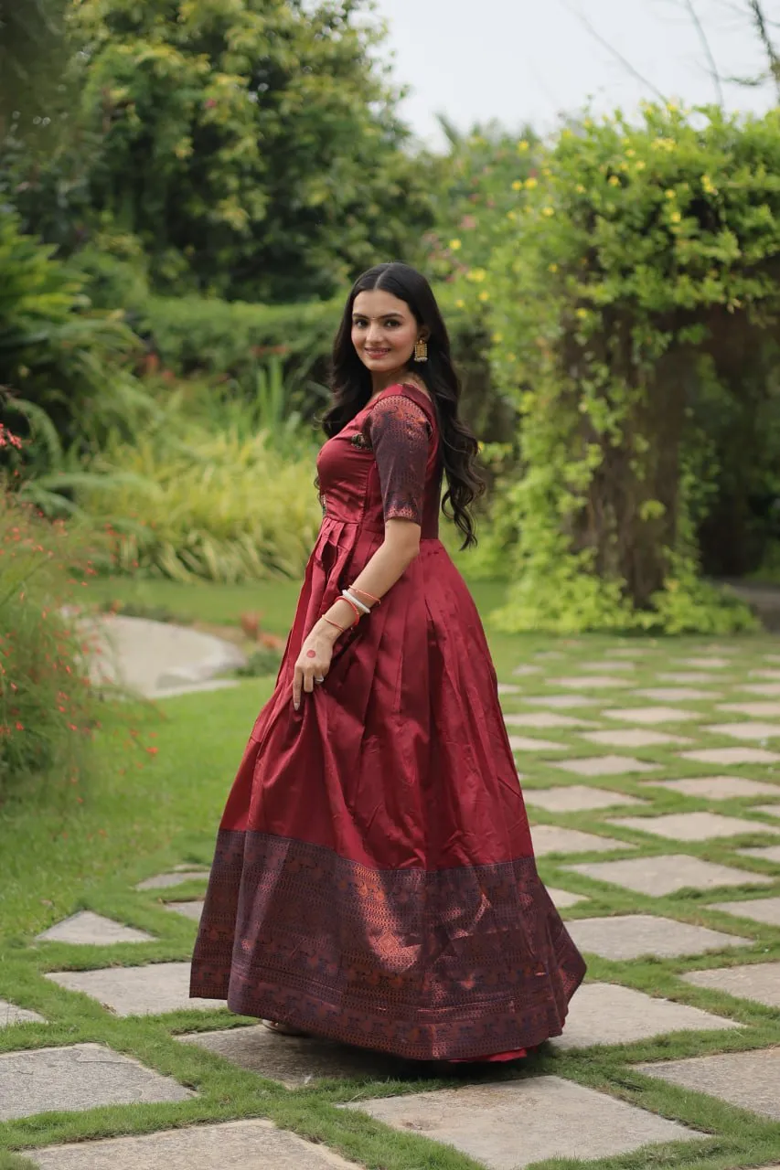 Elegant Banarasi Jacquard Silk Maroon Gown with Textured Weave