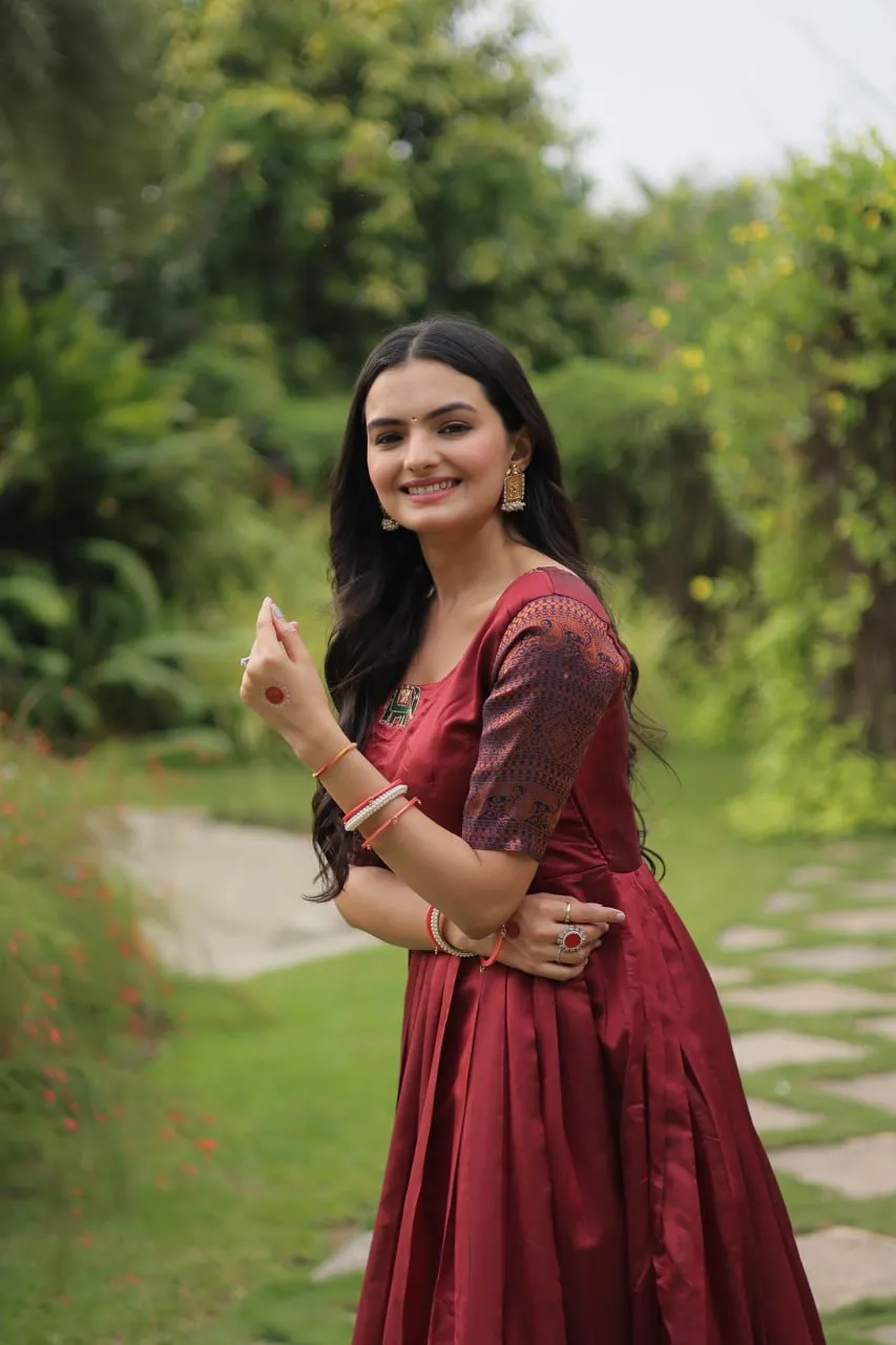 Elegant Banarasi Jacquard Silk Maroon Gown with Textured Weave