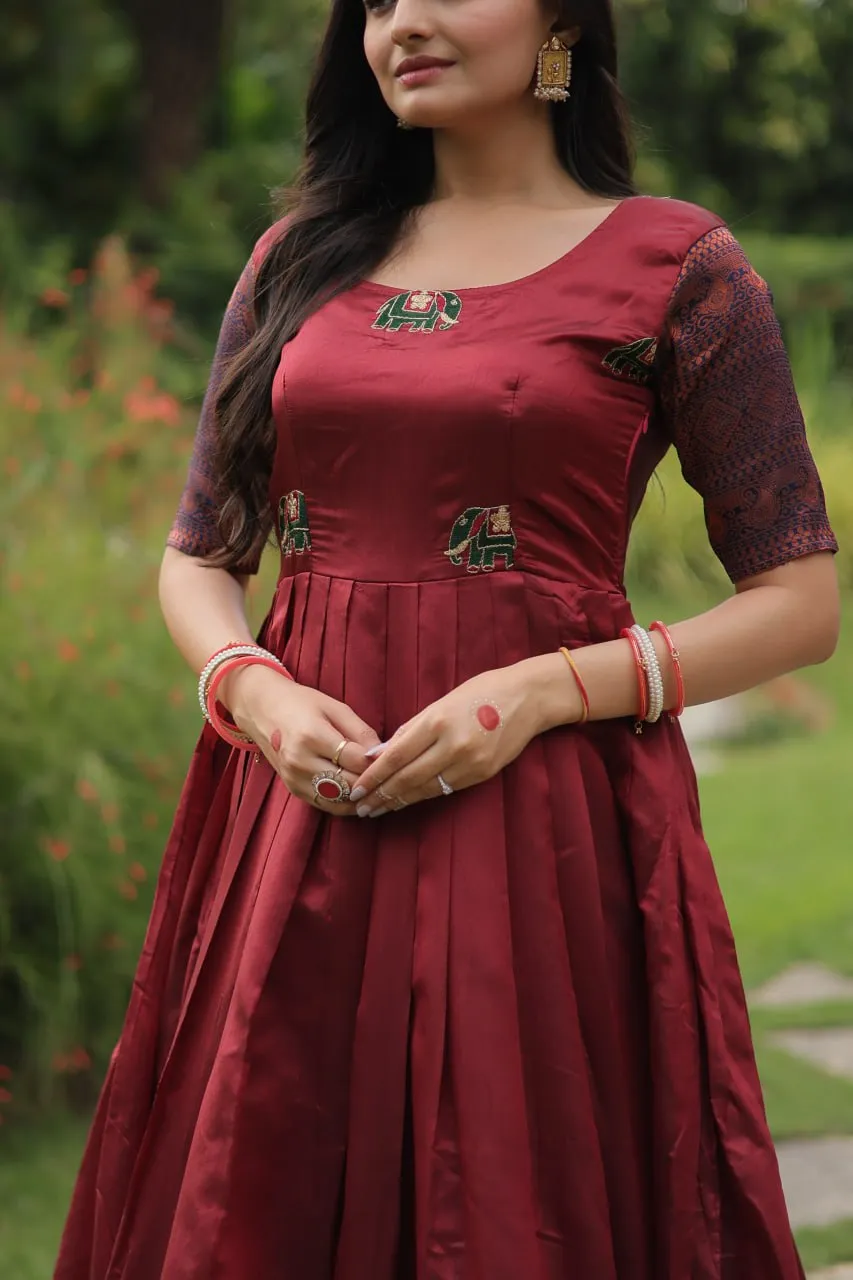Elegant Banarasi Jacquard Silk Maroon Gown with Textured Weave