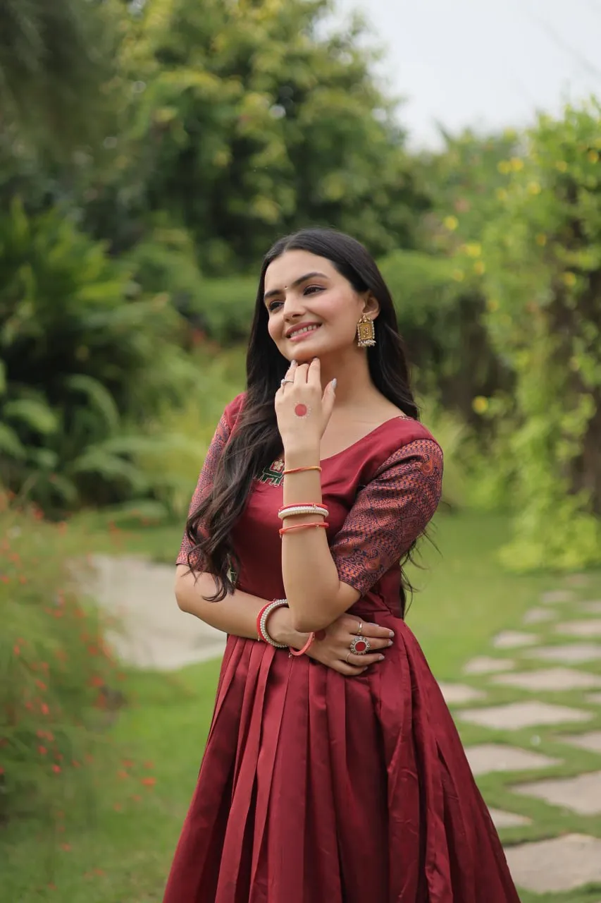 Elegant Banarasi Jacquard Silk Maroon Gown with Textured Weave