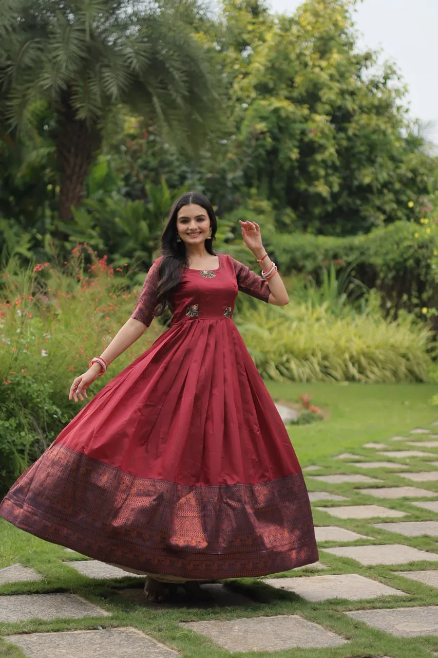 Elegant Banarasi Jacquard Silk Maroon Gown with Textured Weave
