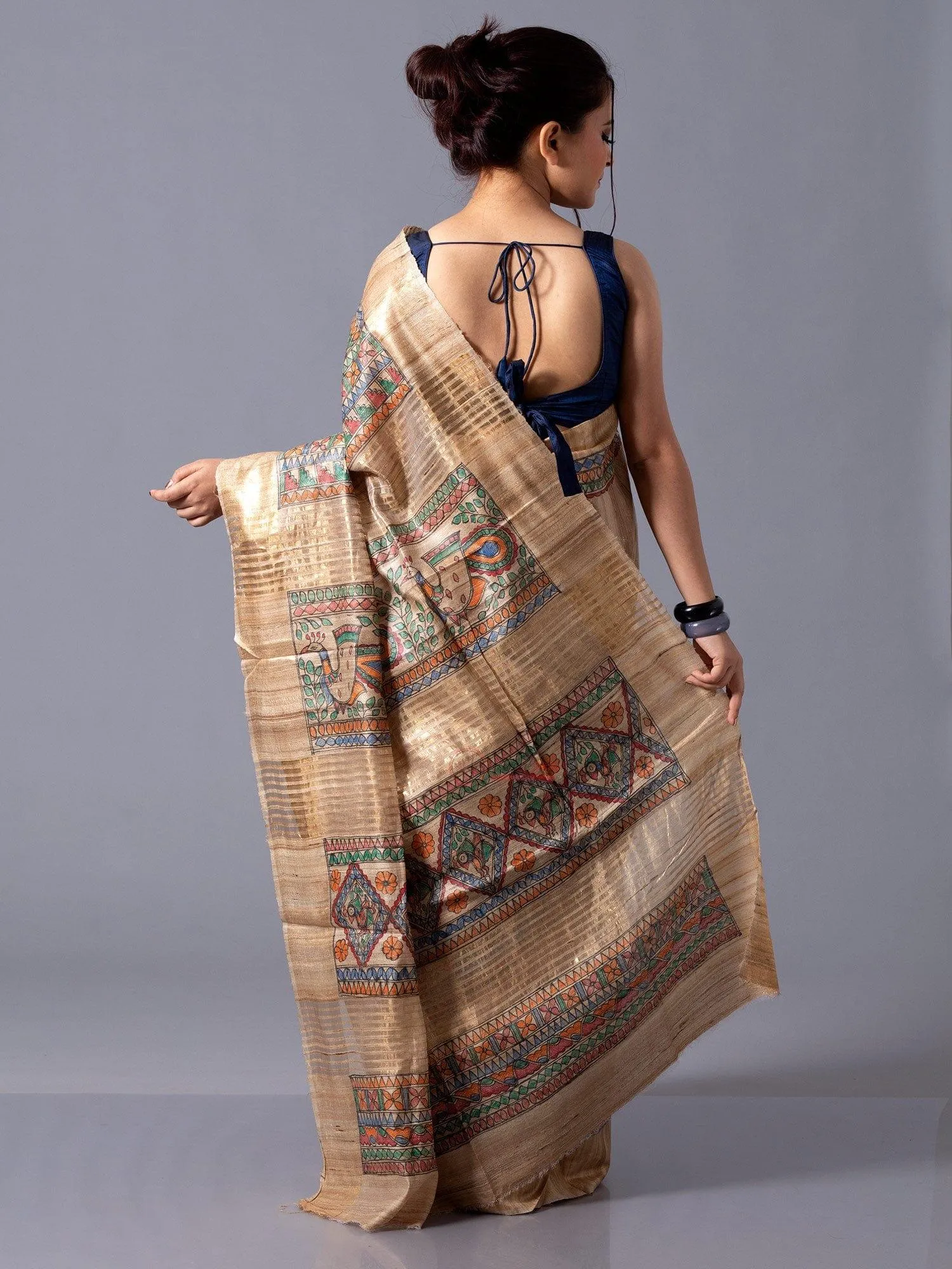 Elegant Natural Colour Zari Border Hand Painted Madhubani Ghicha Silk Saree