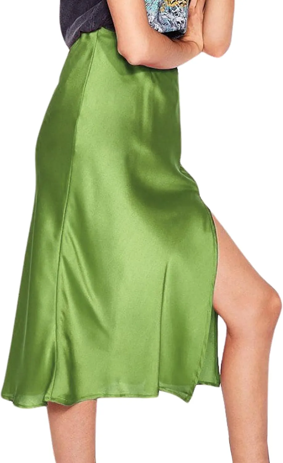 Ezcosplay Women Satin Midi Skirt High Elastic Waisted Satin Slip Skirts Casual Silk Skirt with Slit