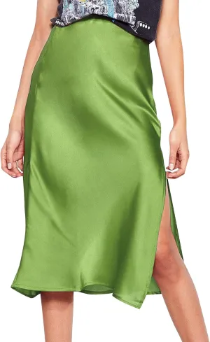Ezcosplay Women Satin Midi Skirt High Elastic Waisted Satin Slip Skirts Casual Silk Skirt with Slit