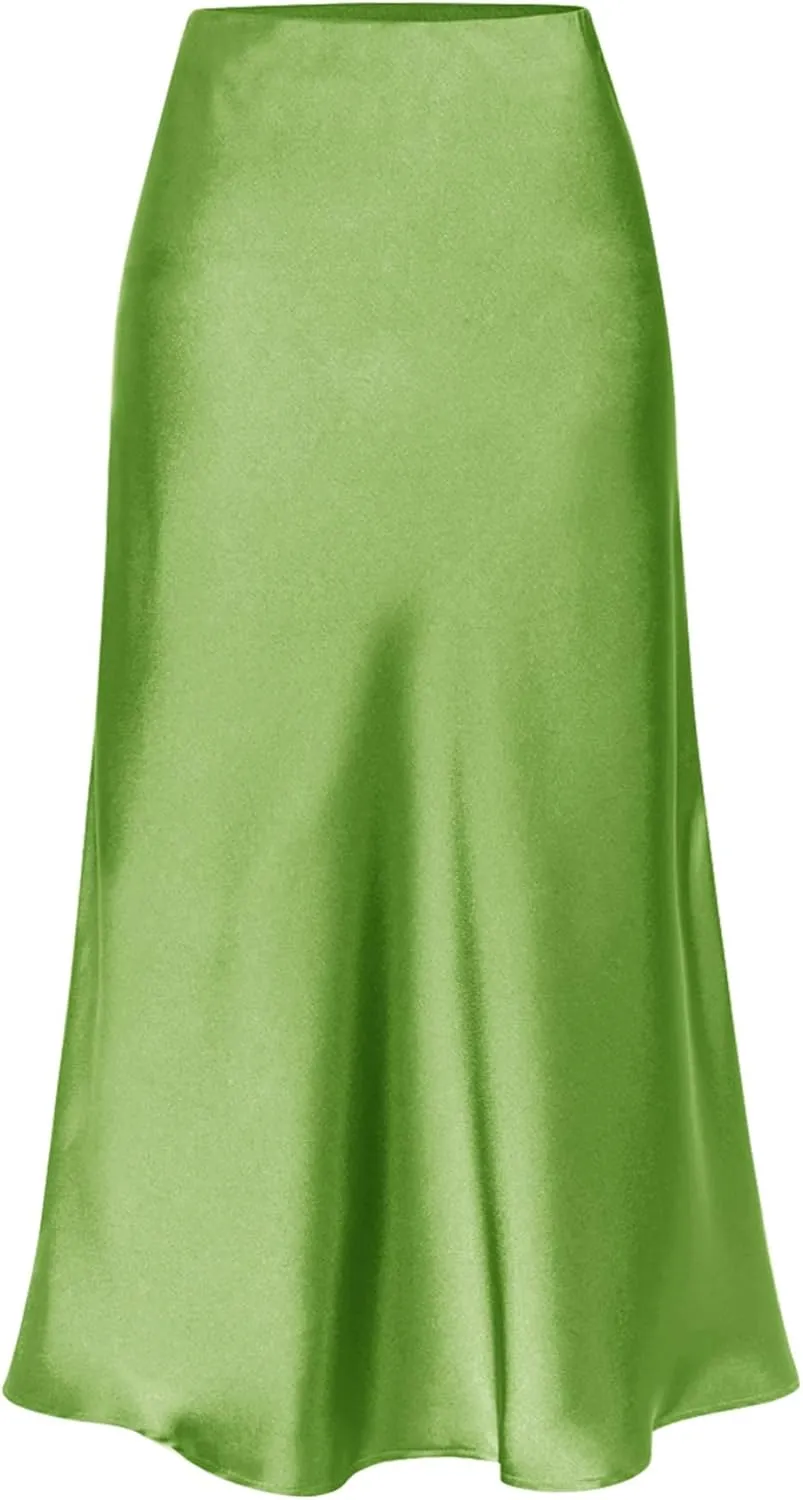 Ezcosplay Women Satin Midi Skirt High Elastic Waisted Satin Slip Skirts Casual Silk Skirt with Slit
