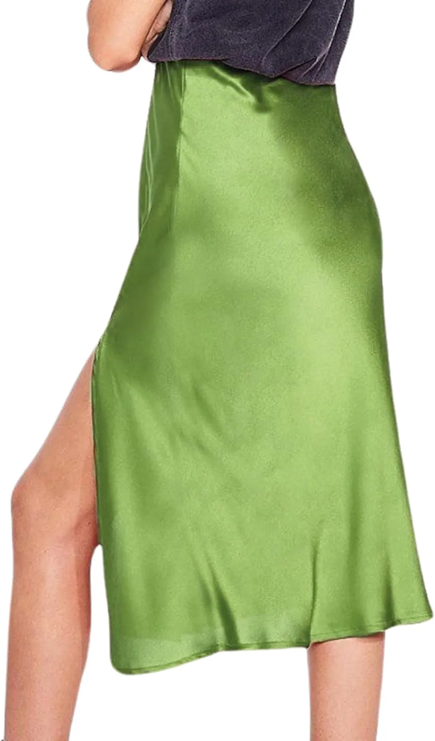 Ezcosplay Women Satin Midi Skirt High Elastic Waisted Satin Slip Skirts Casual Silk Skirt with Slit