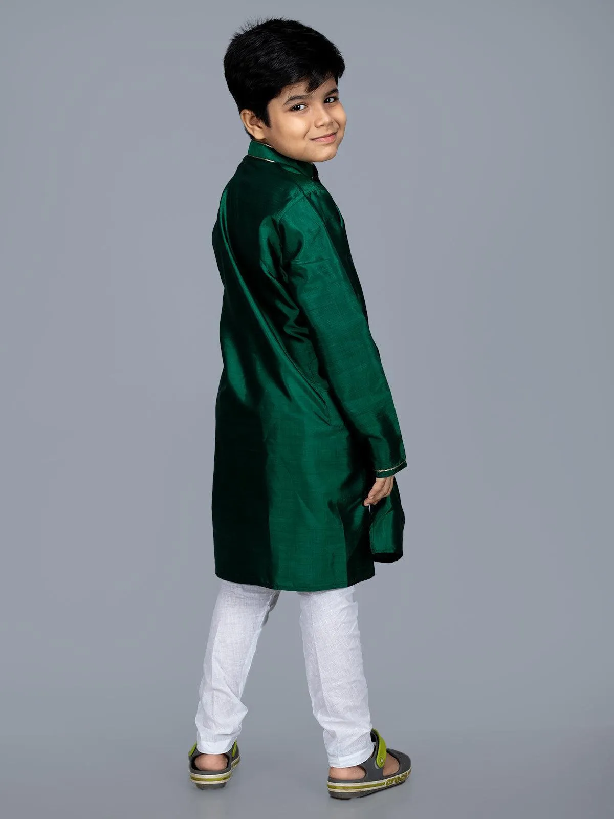 Forrest Green Bishnupuri Silk Boys Long Kurta