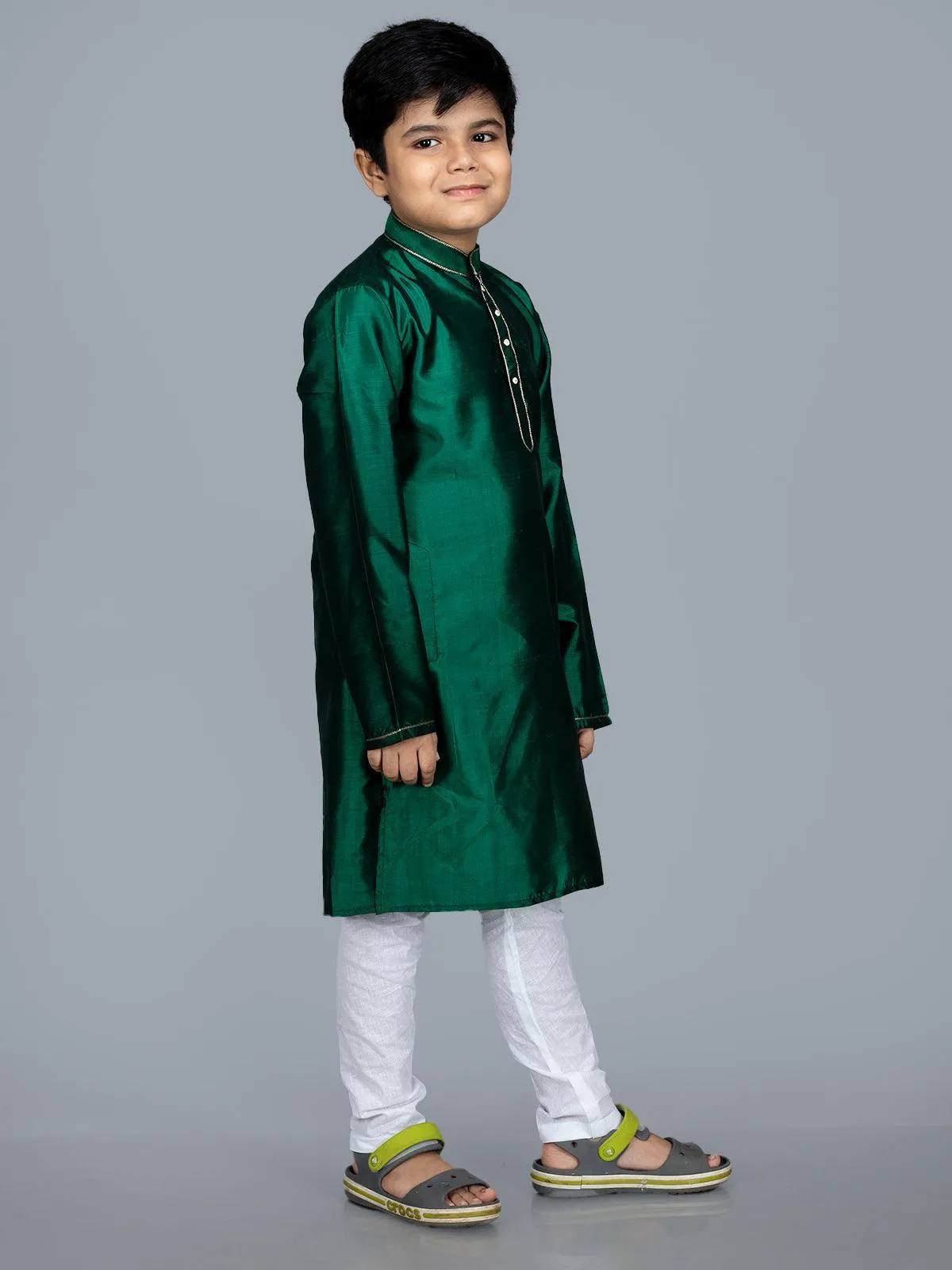 Forrest Green Bishnupuri Silk Boys Long Kurta