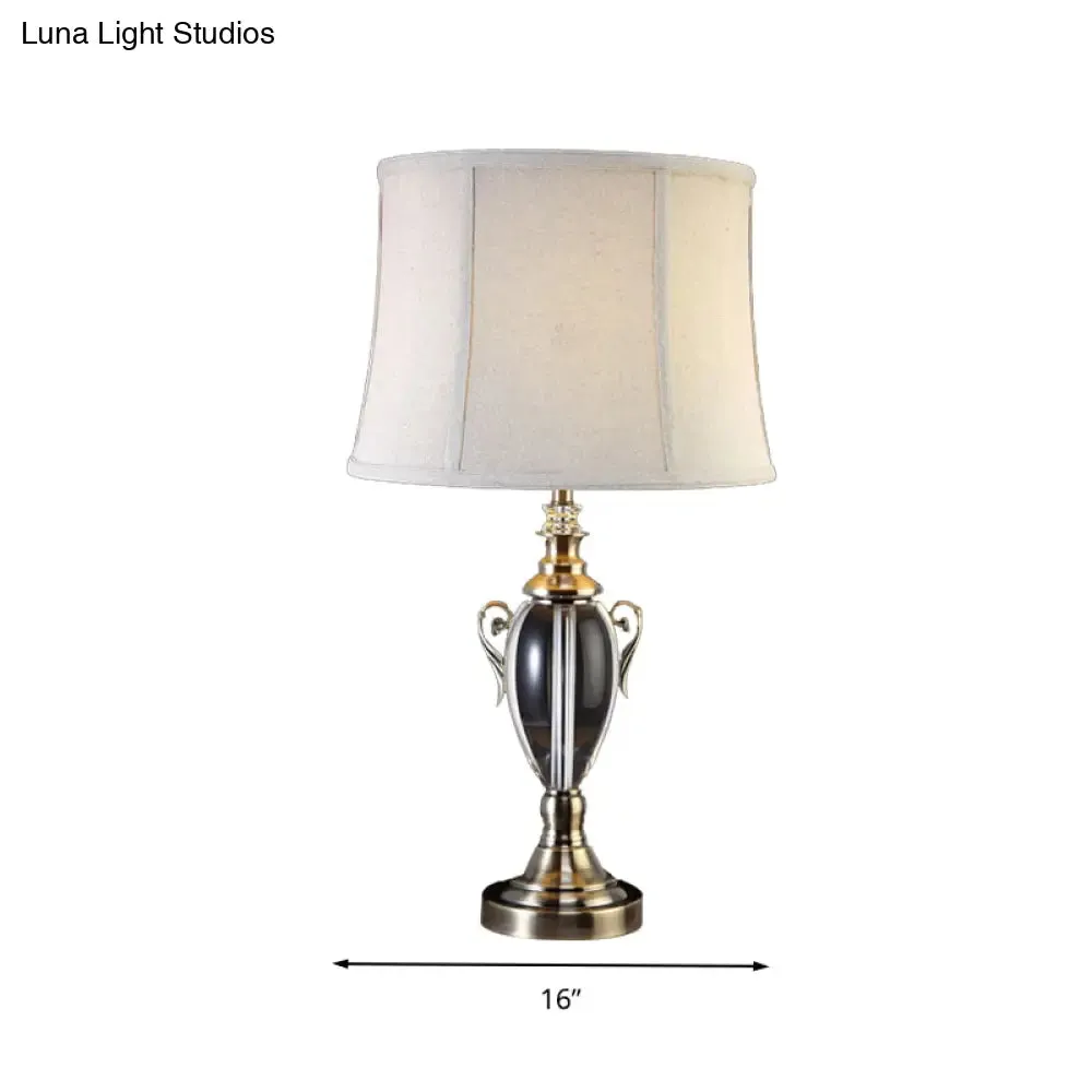 Gray Cream Fabric Panel Table Lamp with Crystal Deco – Elegant Nightstand Light