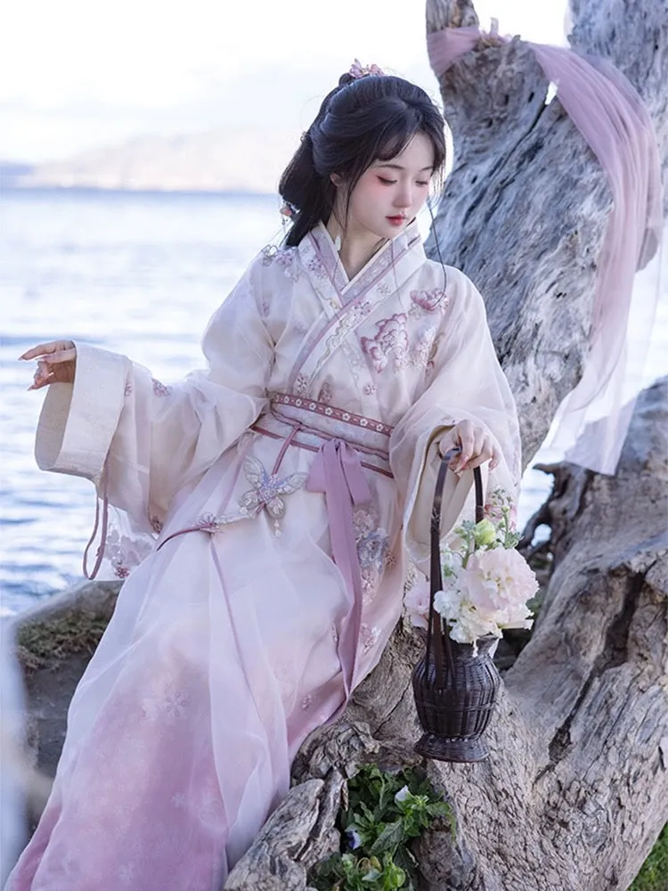 Han Dynasty Hanfu, Straight Hem Robe, Floral, Jade Blossoms 玉颜簪樱