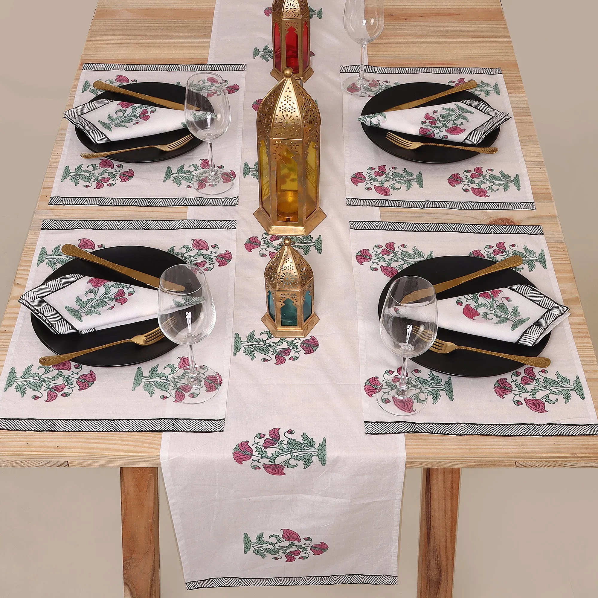Hand Block Pink Floral Printed Cotton Coffee Table Runner